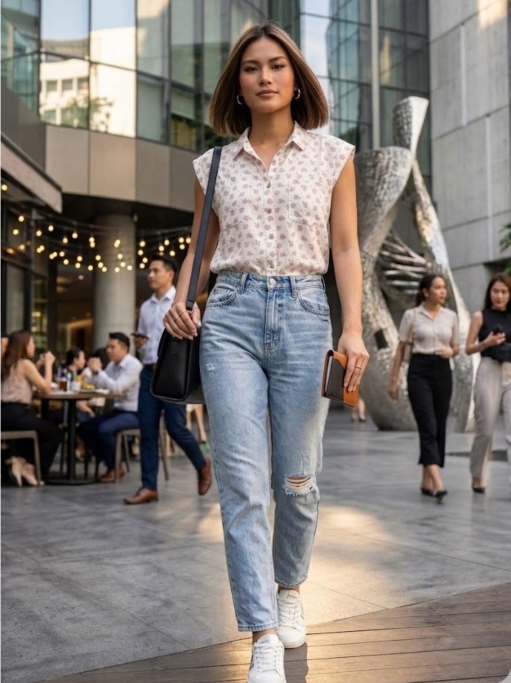 White blouse with brown graphics